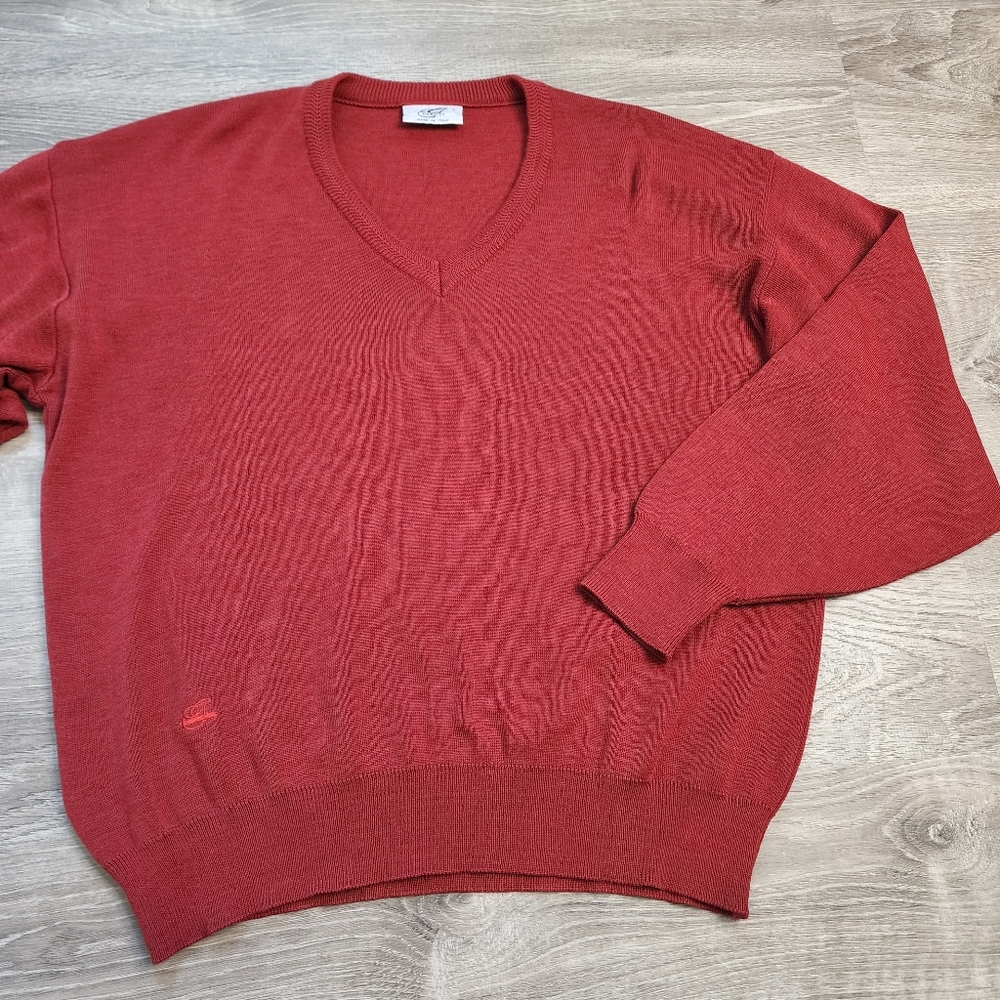 90s GABICCI Italian Wool Blend V Neck Sweater Rust Red Orange Big Sleeve Large